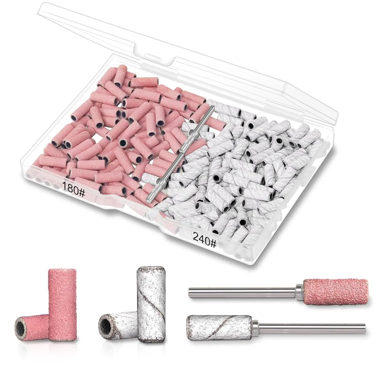 200 count Small Sanding Bands for  Drill with 2 count 3/32'' Upgrade Mandrels Bits, Mixed Mini Sanding Bands for  Drill for Manicure  Salon and  Enthusiasts Use (180#+240#White)