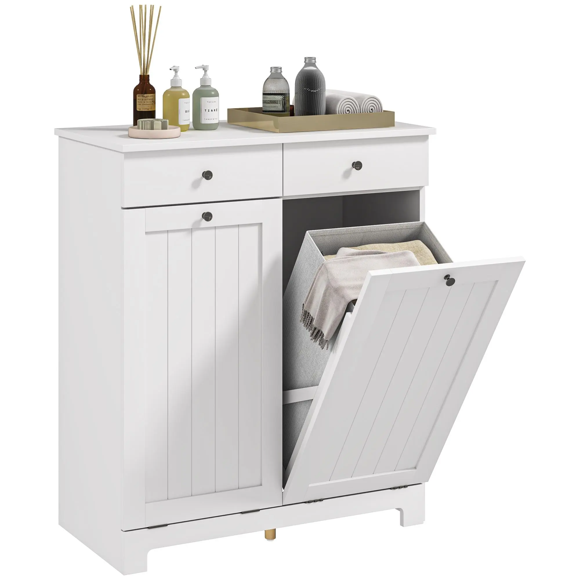 HOMCOM Laundry Hamper Cabinet with Removable Basket, Tilt Out Laundry Hamper Cabinet with Drawer and Beadboard Door, Laundry Cabinet Bathroom Storage Cabinet, White
