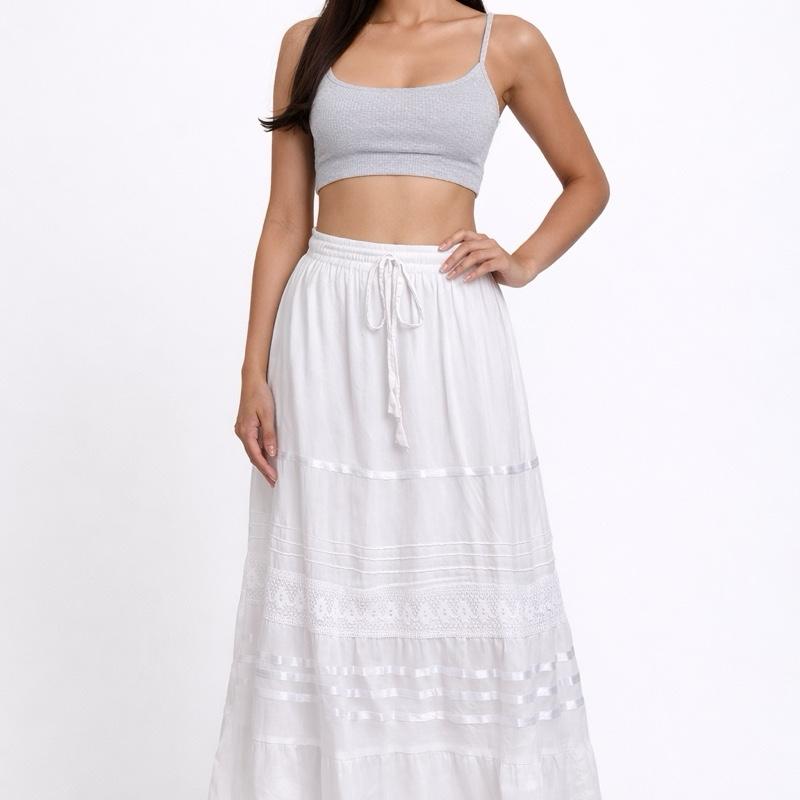 Women's White Boho Maxi Skirt with Drawstring Waist and Tiered Lace Detail for Stylish Comfort Bottom Womenswear one sizes fits all
