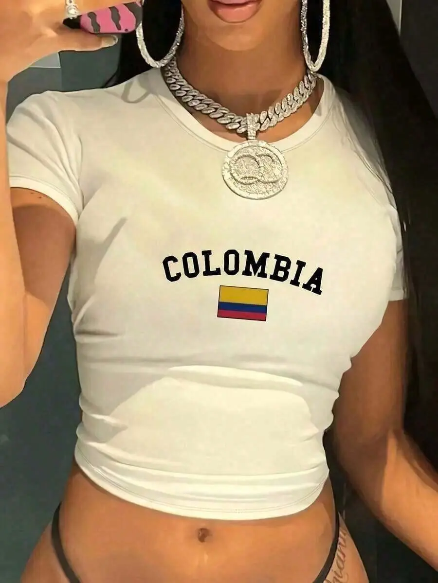 Women's Vintage Colombia Graphic T-Shirt in Heavyweight Washed Cotton, Breathable Drop-Shoulder Figure Top for Everyday Wear, Round Neck
