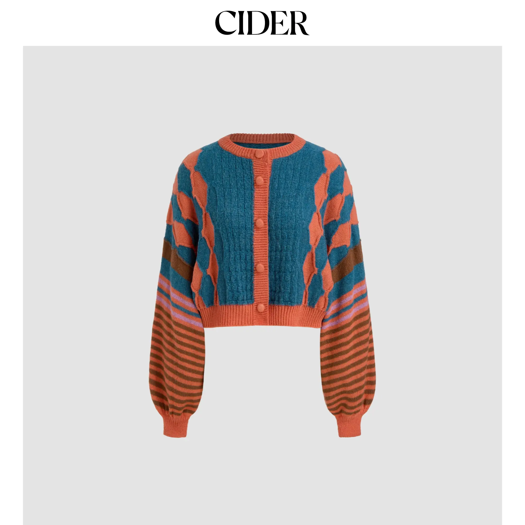 Cider Lady's Casual Multicolor Knit Cardigan Tops - Striped Geometric Pattern, Round Neckline, 2 Colors, Size Range 2-26, Knitwear, Women's Clothes, Long Sleeves, Long Sleeve, Multi-Size