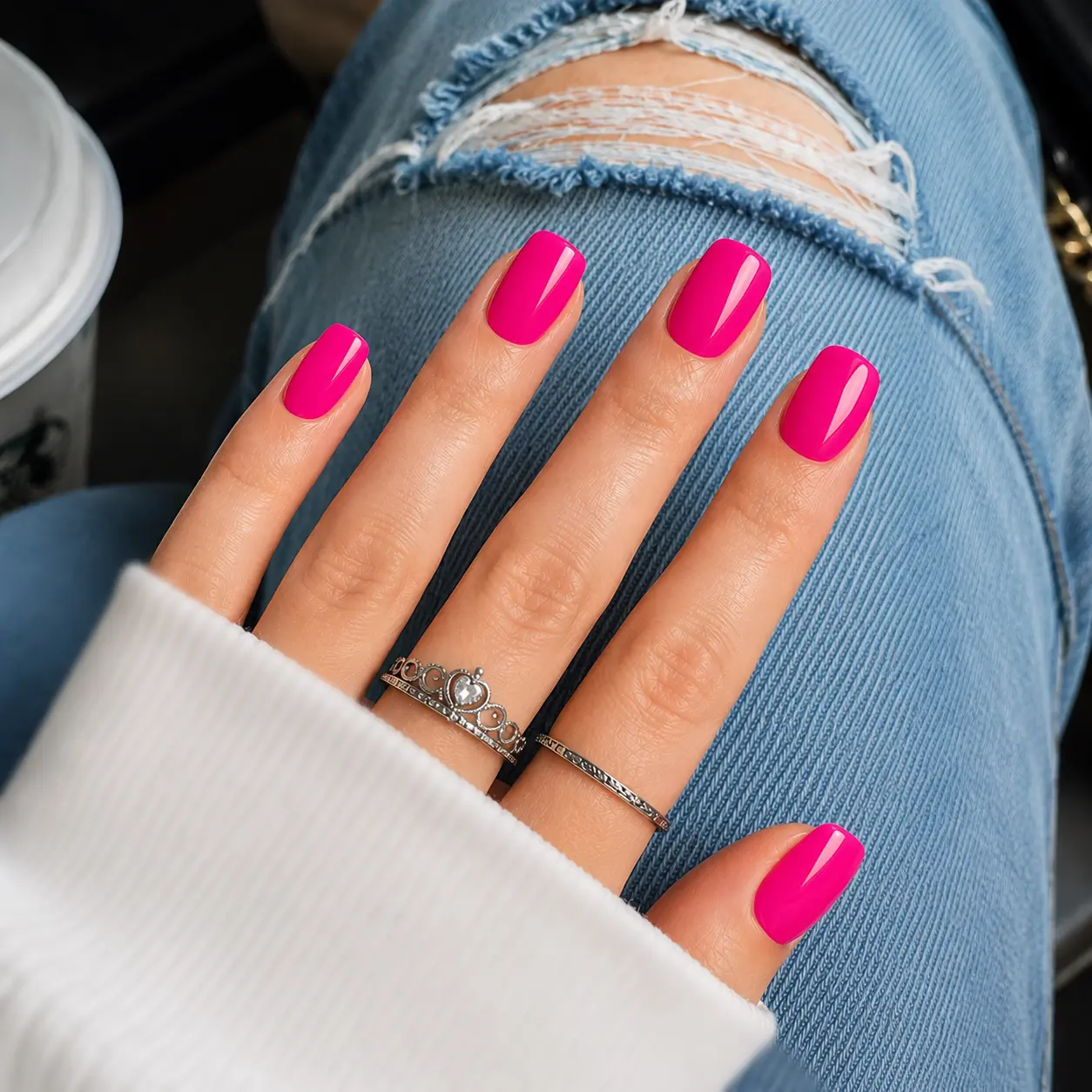 Pink Press On Nails Short Squoval 30pcs – Hot Pink Glossy Fake Nails Kit for Everyday Wear, DIY Salon Style Manicure