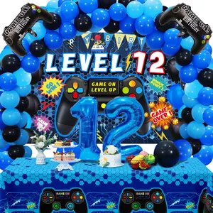 90PCS Video Game Party Decorations Blue 12th Birthday Set Backdrop Balloons Tablecloth Gamer Decor