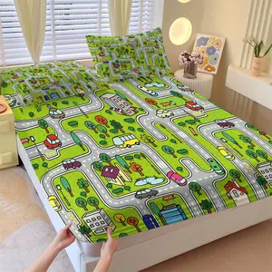 Cartoon City Road Map Theme Fitted Sheet Set & 2 Pillowcases, Green Grass & Grey Road Colorful Cars Houses Trees Design, Soft Non-Slip Wrinkle Resistant, Childlike Style Bedroom Decor, Gift Choice