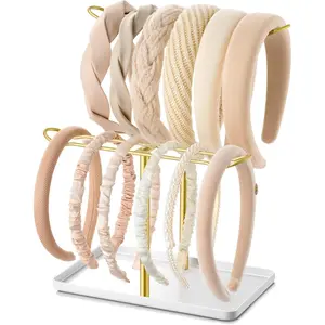 Headband Holder Organizer 2-Tier T-bar Storage Stand with Tray for Hair Accessories Hairband Hair Clip for Girls Women Gold & White