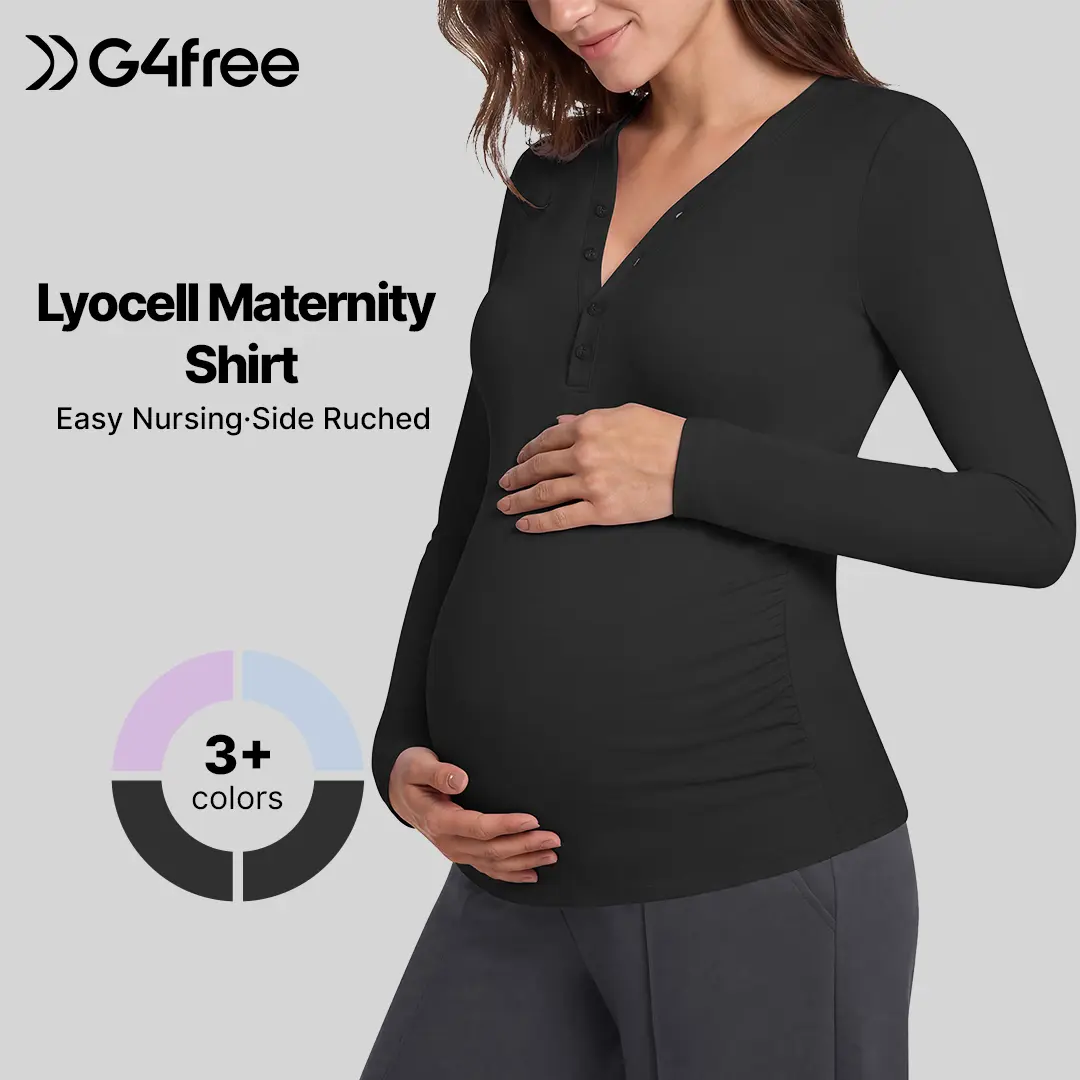 G4Free Lyocell Maternity Shirts Long Sleeve Button Front Henley Neck Ruched | Airy Soft Fabric, Breathable and Quick Drying, Curved Hem, Pregnancy T Shirts Desighed for Casual or Breastfeeding