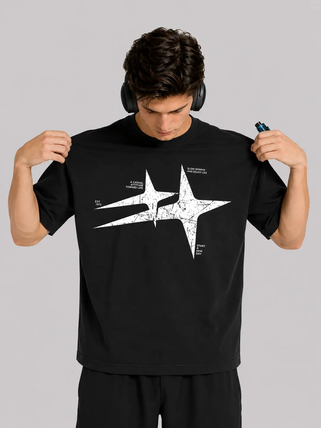 Men's Streetwear T-Shirt with Star Print - Short Sleeve Summer Tee, Loose Fit Drop Shoulder, Round Neck Casual Shirt, Star Patterns (Compatible with Star Symbol Design) for Casual Attire