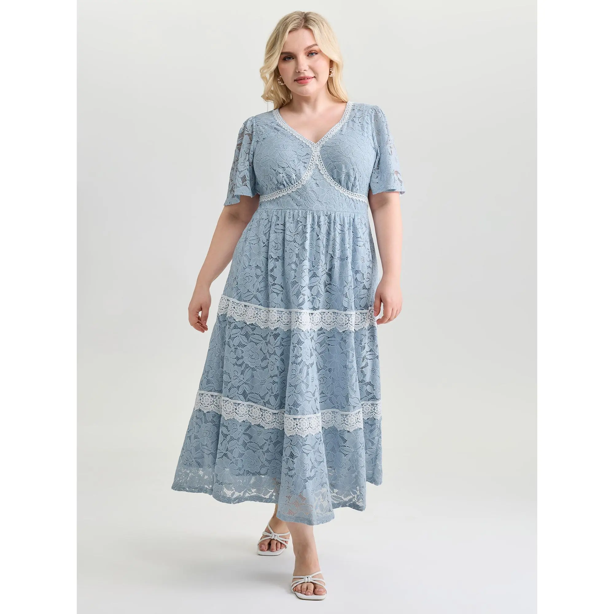 BloomChic Lady's Plus Size Light Midi Dress, Timeless Casual Shortsleeve Garment with Shirred Detail and Floral Lace Patchwork, Fabric, Cotton, Plus Size Clothes, Midi Length, Texture Patch, Colorblock, Do Not Tumble Dry, Women, Casual Wear, Spandex, Fit,