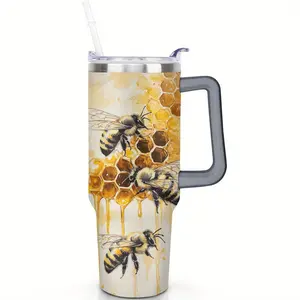 1pc Queen'S Court Tumbler 40oz, Regal Bee & Flower Stainless Steel, Leakproof Lid & Handle, BPA-Free Construction, Teacher Appreciation Gift with Honey Dipper Charm
