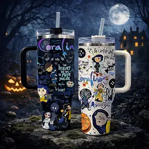 Coraline Durable Insulated Tumbler 40oz with Handle and Lid, Spooky Cat Pattern Stainless Steel Mug, Large Capacity Coffee Water Bottle