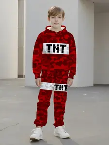 Hooded Sweatshirt & Long Pants Set, Tnt Block Pixel 3D Printed, Casual Slim-Fitting, Spring & Fall Wear, No Zipper