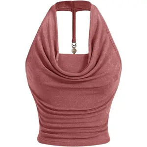 Women Ruched Halter Y2k Crop Tops Backless Cowl Neck Sleeveless Shirts