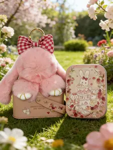 Handmade Fluffy Bunny PomPom Keychain with Checkered Bow & Rose Tea Party Tin Box | Kawaii Gift for Girls & Anxiety Relief Charm