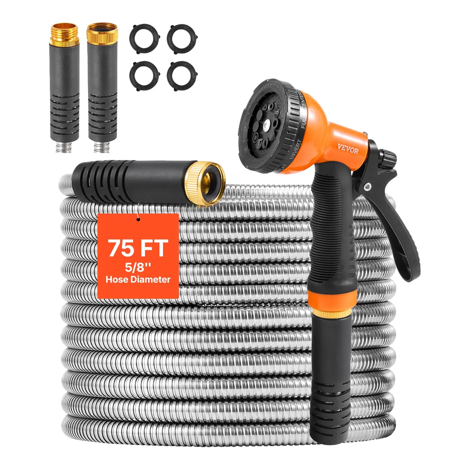 fathersdaygift VEVOR Metal Garden Hose 75 ft, Rust Proof Stainless Steel Water Hose, Heavy Duty Backyard Hose with 10 Function Nozzle, No-Kink Flexible Water Pipe, Lightweight Metal Hose for Yard, Outdoor
