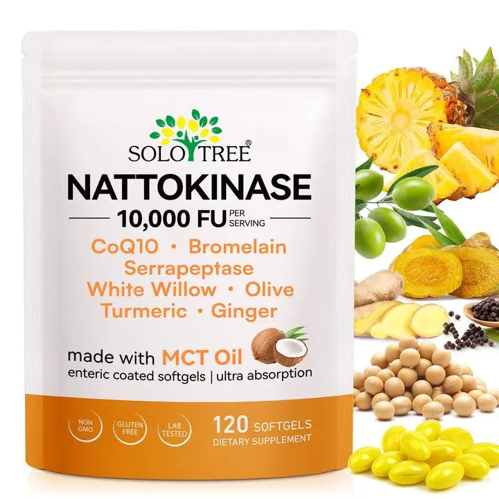 Nattokinase 10,000 FU Supplement, 7-in-1 Formula with CoQ10, Bromelain, Turmeric, Ginger & Olive Leaf, 120 Non-GMO Softgels