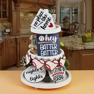 Baseball Series Wooden Tiered Tray Decor, 8 Counts/set Baseball Themed Wooden Ornament, Home Decor for Kitchen Living Room Bedroom