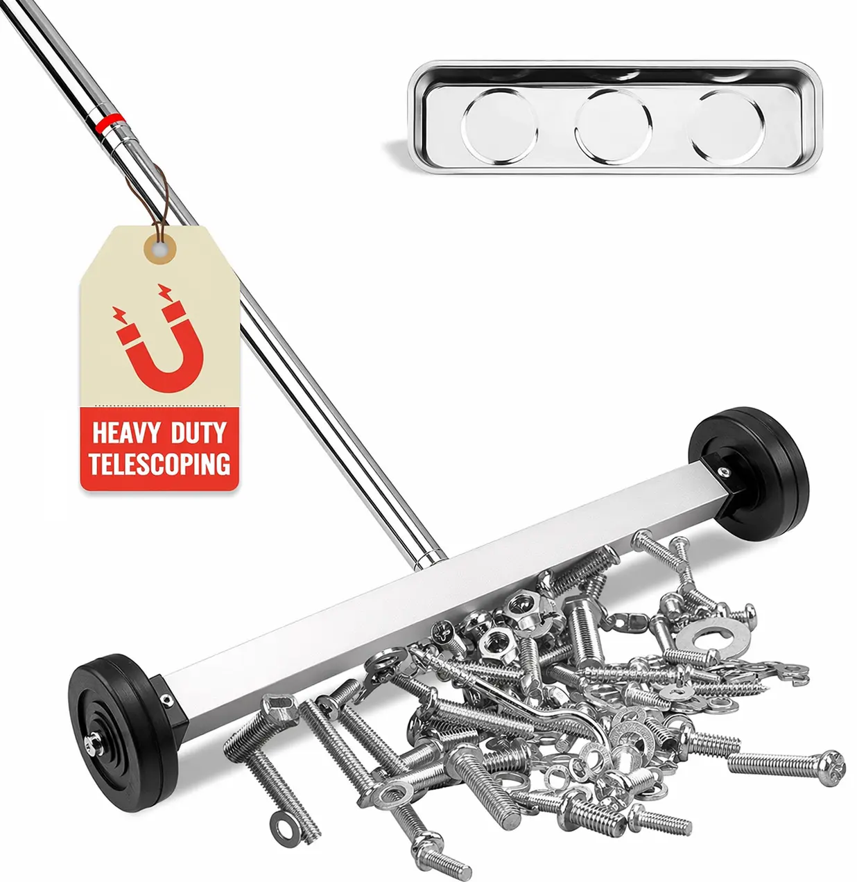 Magnetic Nail Sweeper Roller 17” Heavy Duty – Telescoping Adjustable Handle, 8.8 lb Capacity Magnet Pickup Tool for Garage, Workshop & Construction Cleanup