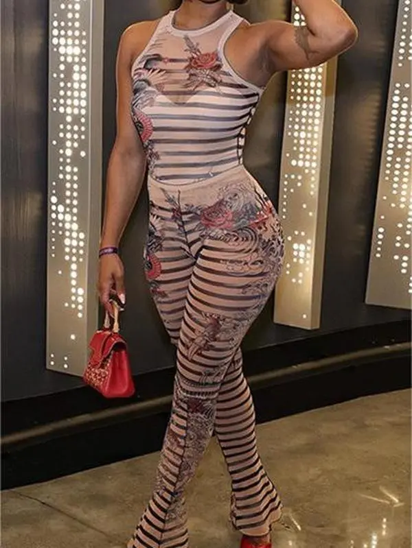 Women's Sleeveless Printed Jumpsuit in Khaki - Polyester/Spandex Material, Summer/All Seasons Wear