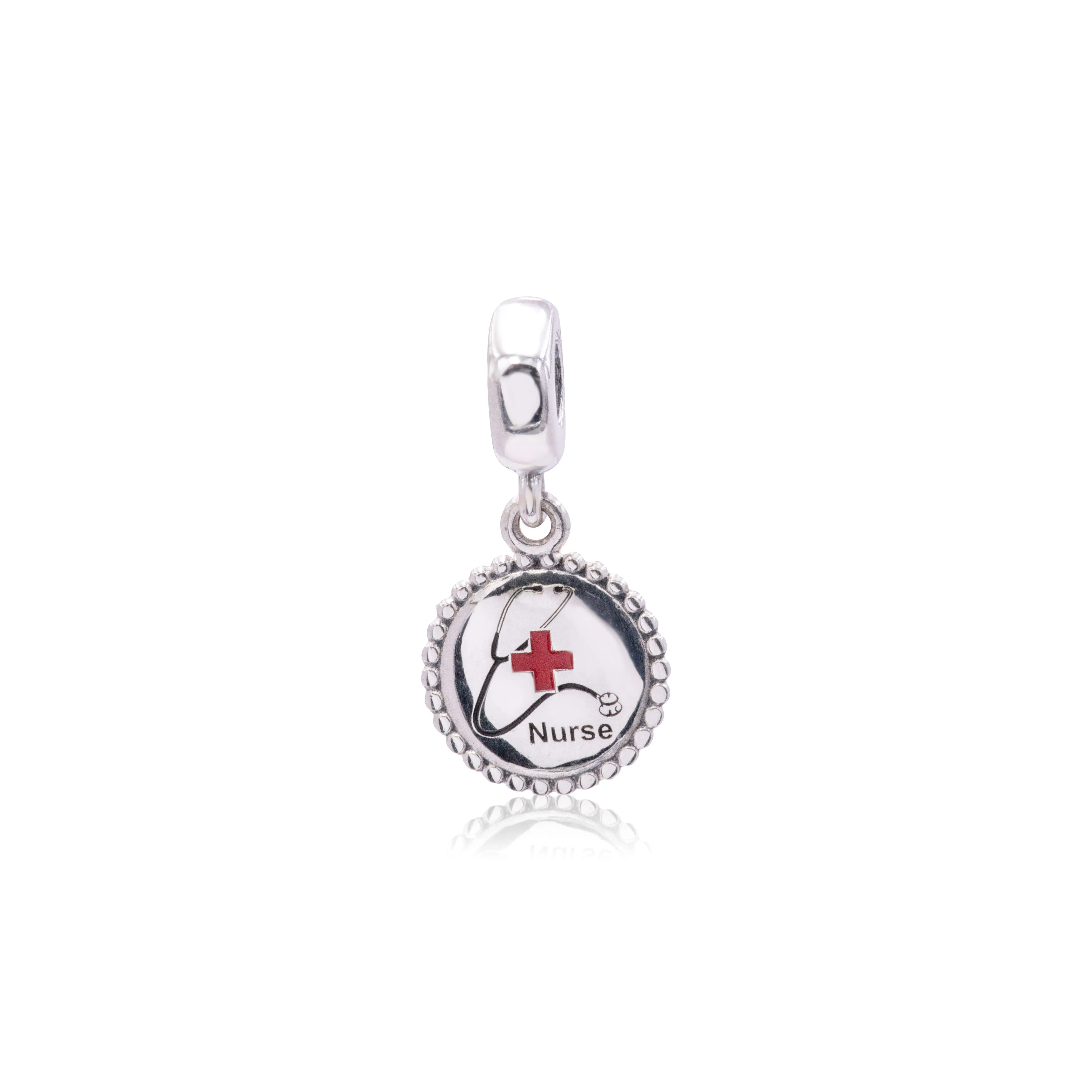 Pandora Silver Nurse Dangle Charm Pendant - Mixed Enamel, Stethoscope Detail, Red Cross Accent - Nursing Profession Jewelry - ENG791169_45, All-Silver Charms & Pendants, Elegant, Adults, Graduation