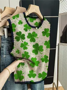 1 Piece Women's Loose Crew Neck Sleeveless Knit Top, Spring Summer Back to School Casual Style, Dark Blue Trim, Contrast Green Print, For Daily & Outdoor Wear, Vest-matching, Sleeveless Vests