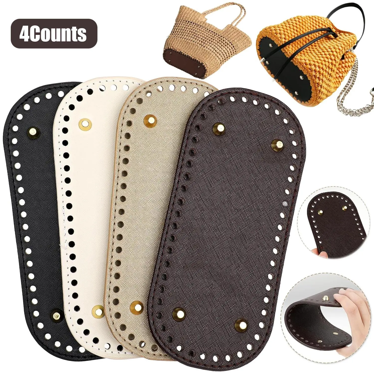 PU Leather Bag Bottom Shaper Pad, 4 Counts Long Oval Purse Cushion Base with Holes for DIY Crochet Bag & Shoulder Bag Crafts, Handicraft Material Supplies
