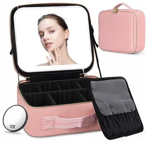 Portable Makeup Train Case with Mirror, Light & Adjustable Dividers | Cosmetic Organizer for Travel and Artists