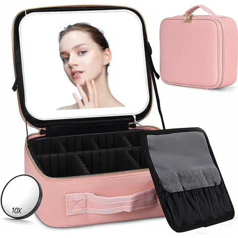 Portable Synthetic PU Leather Makeup Vanity Case (10.2x8.7x4.4in) - 3 Lighting Modes Mirror, Adjustable Dividers, Lightweight Makeup Containers, Multi-Compartment, Easy-to-Clean, High-Standard Zippers, Lithium Ion Batteries for Anniversaries, Birthdays