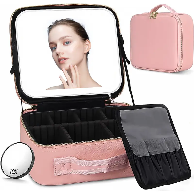 Portable Synthetic PU Leather Makeup Vanity Case (10.2x8.7x4.4in) - 3 Lighting Modes Mirror, Adjustable Dividers, Lightweight Makeup Containers, Multi-Compartment, Easy-to-Clean, High-Standard Zippers, Lithium Ion Batteries for Anniversaries, Birthdays