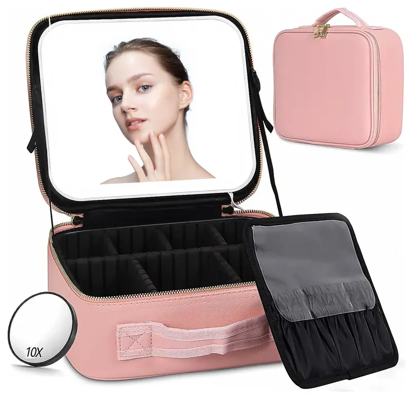 Portable Makeup Train Case with Mirror, Light & Adjustable Dividers | Cosmetic Organizer for Travel and Artists