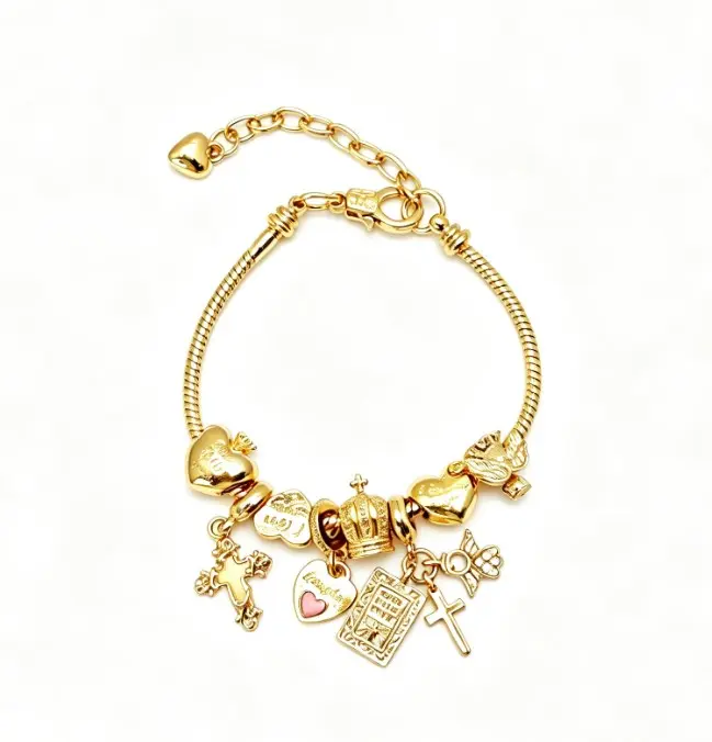 Gold Snake Chain Charm Bracelet with Cross, Crown & Heart Charms Adjustable Wrist Jewelry Gift for Women