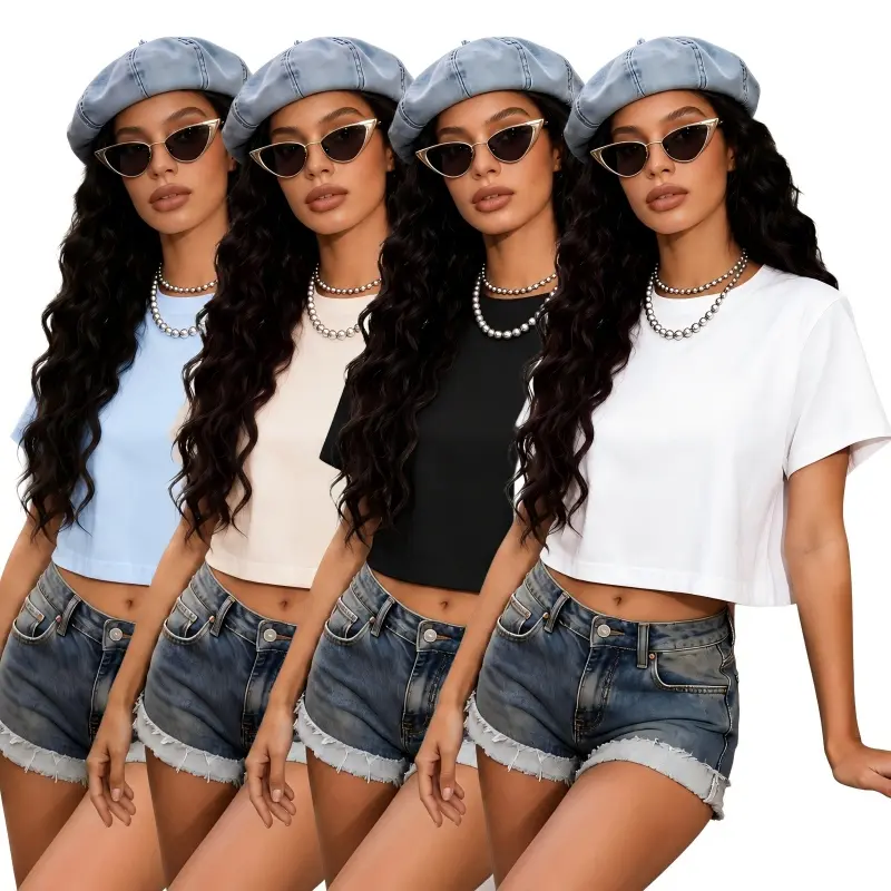 Solid Plain White Crew Neck Basic Crop Top Short Sleeve T-Shirt, Soft Comfortable Casual Y2K Aesthetic Summer Vacation Concert Hangout Daily Going Out Ladies Tee