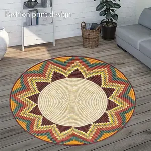1 piece of blue woven rope printed 2D circular pattern floor mat, Round rug, suitable for bedroom, living room, balcony, hotel, entrance, kitchen, bathroom and other places, available in all seasons