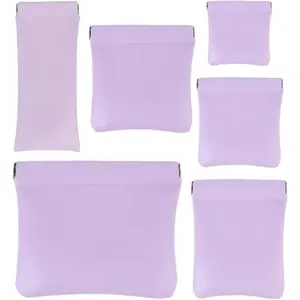 6 Pcs Small Makeup Bag for Purse, Snap Closure Organizer Pouch, Portable No Zipper Self-Closing Pouches for Travel Storage Bag Mini Pu Leather Pouches For Cosmetics Headphones Jewelry (Purple)