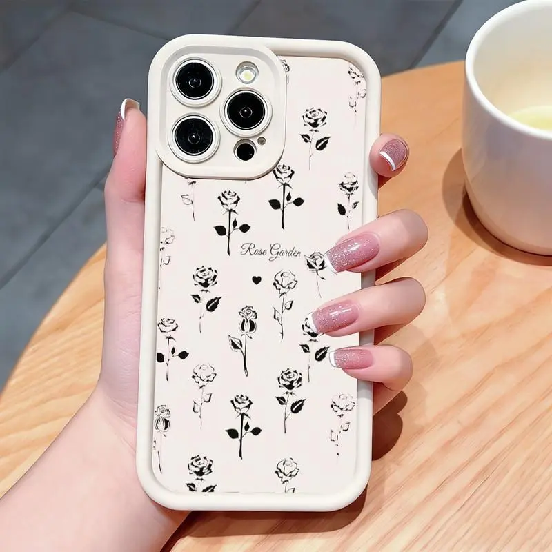 Black hand-painted rose pattern phone case. Compatible with iPhone 17 Pro Max/16 Pro Max/15 Plus/14/13/12/11, TPU soft case. Compatible with Galaxy S26 Ultra/S25 Plus/S24/S23, Dopamine color. Compatible with Galaxy A54/A53/A33/A15.