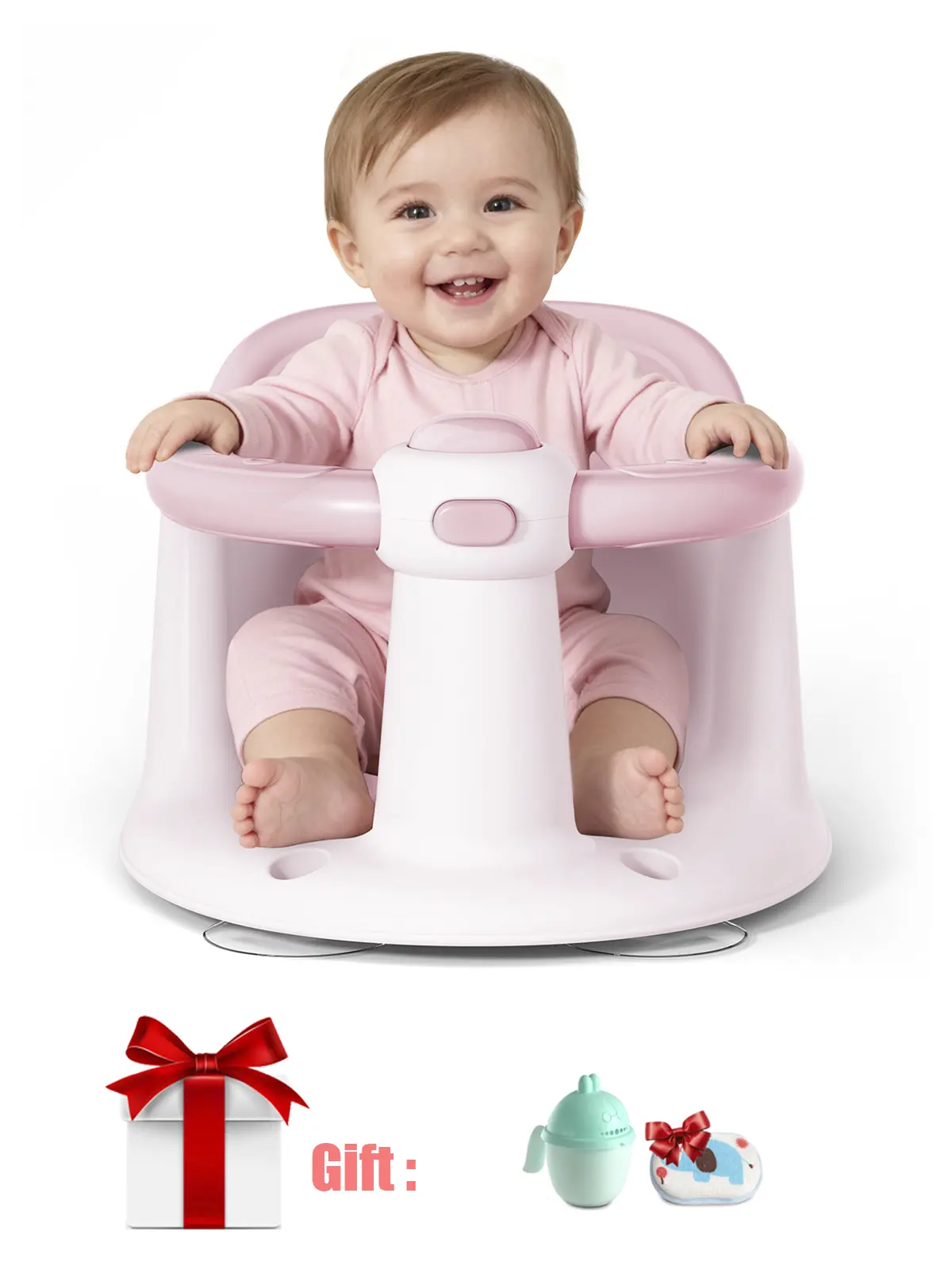 Baby Bath Seat for Babies 6 Months & Up, Bath Seats for Babies Sitting Up, Open Design, Non-Slip, Compact Toddler Bath Seat-Pink