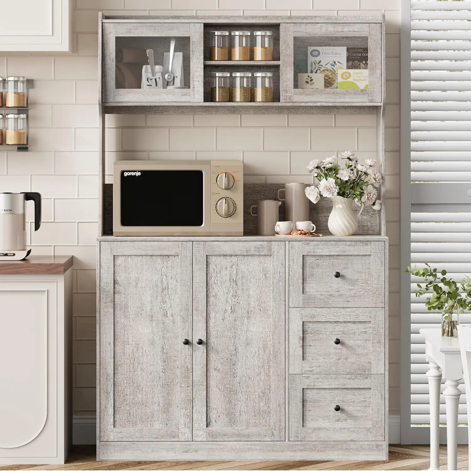 【Christmas Gift】66Inch Kitchen Pantry Cabinet with Microwave Shelf  Tall Storage Cabinet with Countertop Freestanding Hutch Cabinet with 3 Drawers and LED Lights  for Dining Room  Grey