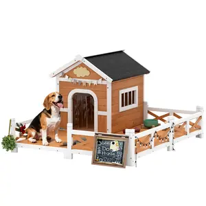 Outdoor Wooden Dog House – Large Porch + Weatherproof Asphalt Roof. Openable Roof + Removable Floor for Easy Clean. Elevated Base. Fits Dogs Under 44 lbs