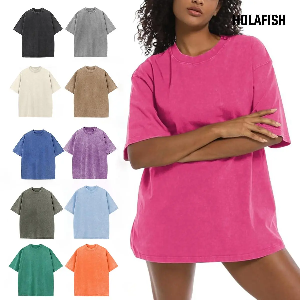 Holafish Women's Acid Wash Cotton Shirt, Crew Neck Short Sleeve, Relaxed Loose Fit, Solid Streetwear Basic Everyday Staple for Summer Vibes and Casual Comfort summerwins