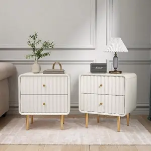 Modern Nightstand Set Of 2 With 2 Drawers & Gold Metal Handle, Fluted Bed Side Table, White Wood End Table With Storage For Bedroom, Living Room Marble Dining