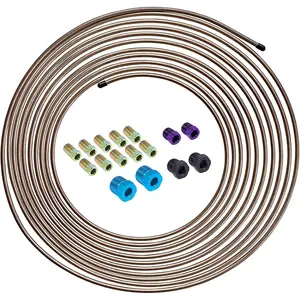 25 ft 1/4 Copper-Nickel Alloy Brake Line Kit Complete Replacement Brake or Fuel Tubing Includes 16 Fittings Easy to bend .028 Wall SAE Thread Rust Proof