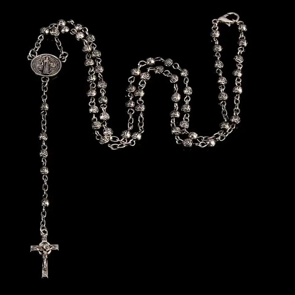 4mm Stainless Steel Bead Necklace, Vintage Gold Rosary Small Necklace, Female Necklace Jesus Cross Necklace.
