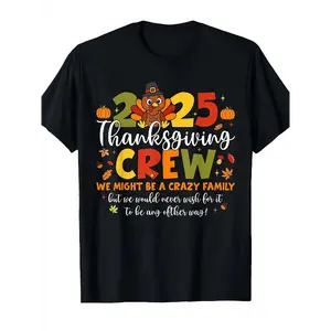 's Black Thanksgiving Turkey & Pilgrim Print T-Shirt - 2025 Crew Design Short Sleeve Cotton Shirt with Funny Family Saying, Round Neck Casual Top for Holiday Parties & Family Gatherings (Machine Washable)