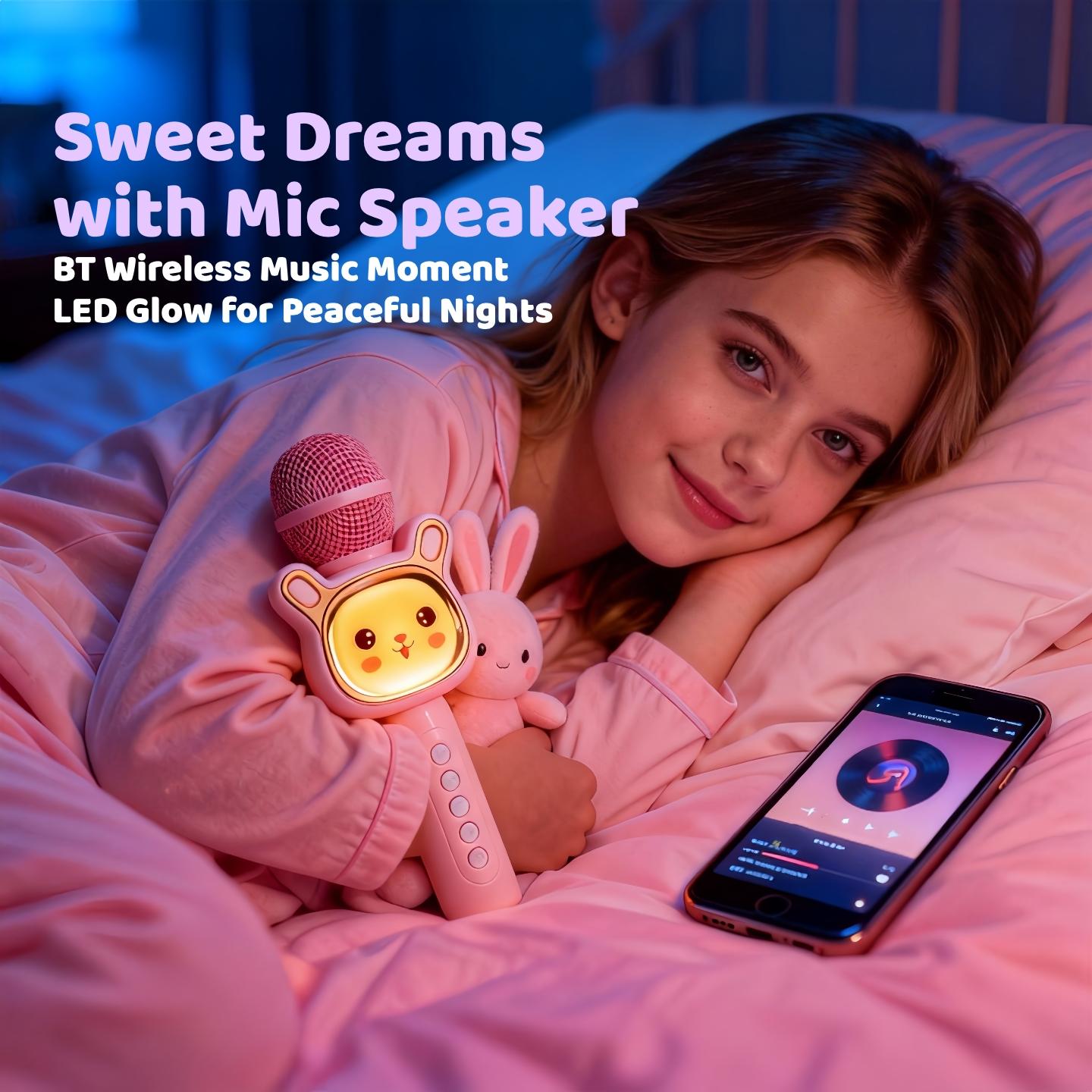 Wireless Karaoke Microphone — Portable Singing Speaker, Cute Rabbit Design, Hi-Fi Stereo Sound, Fun Voice Changer, TWS Duet Mode & Soft Lighting. Ideal for home entertainment, parties, travel, car use, camping