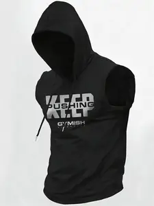 Men's Sleeveless Hooded Gym Vest, Keep Pushing Motivational Print, Modern Sporty Style, High Stretch Breathable Fabric, Fitness & Daily Wear, Workout Vest