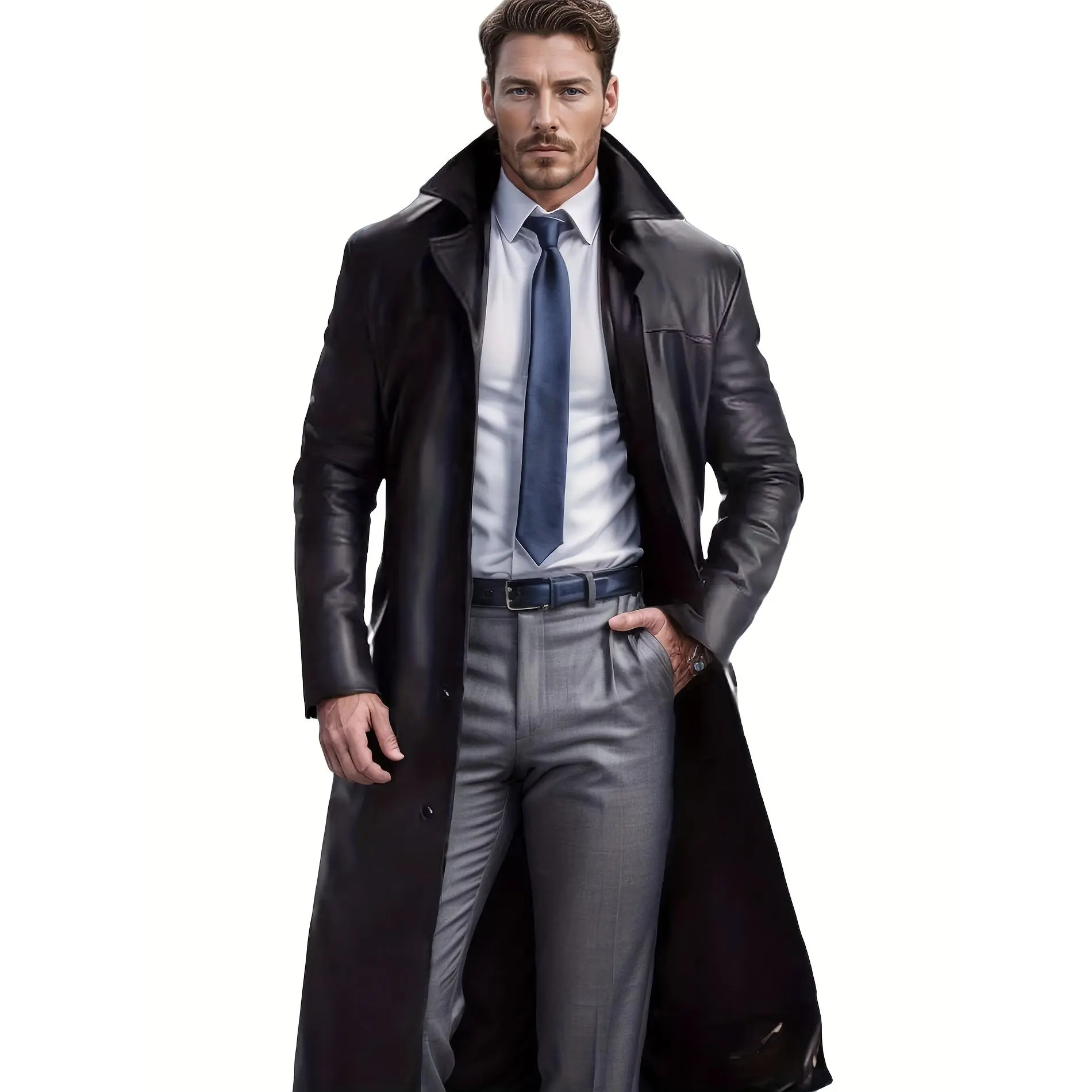 Men's Stylish PU Polyester Extra Long Over-the-Knee Trench Coat - Black, Button-Up, Non-Stretch Fabric, Casual Lapel Collar, Ideal for Spring/Fall, Everyday Elegance | Menswear Tops, Durable Jackets & Coats