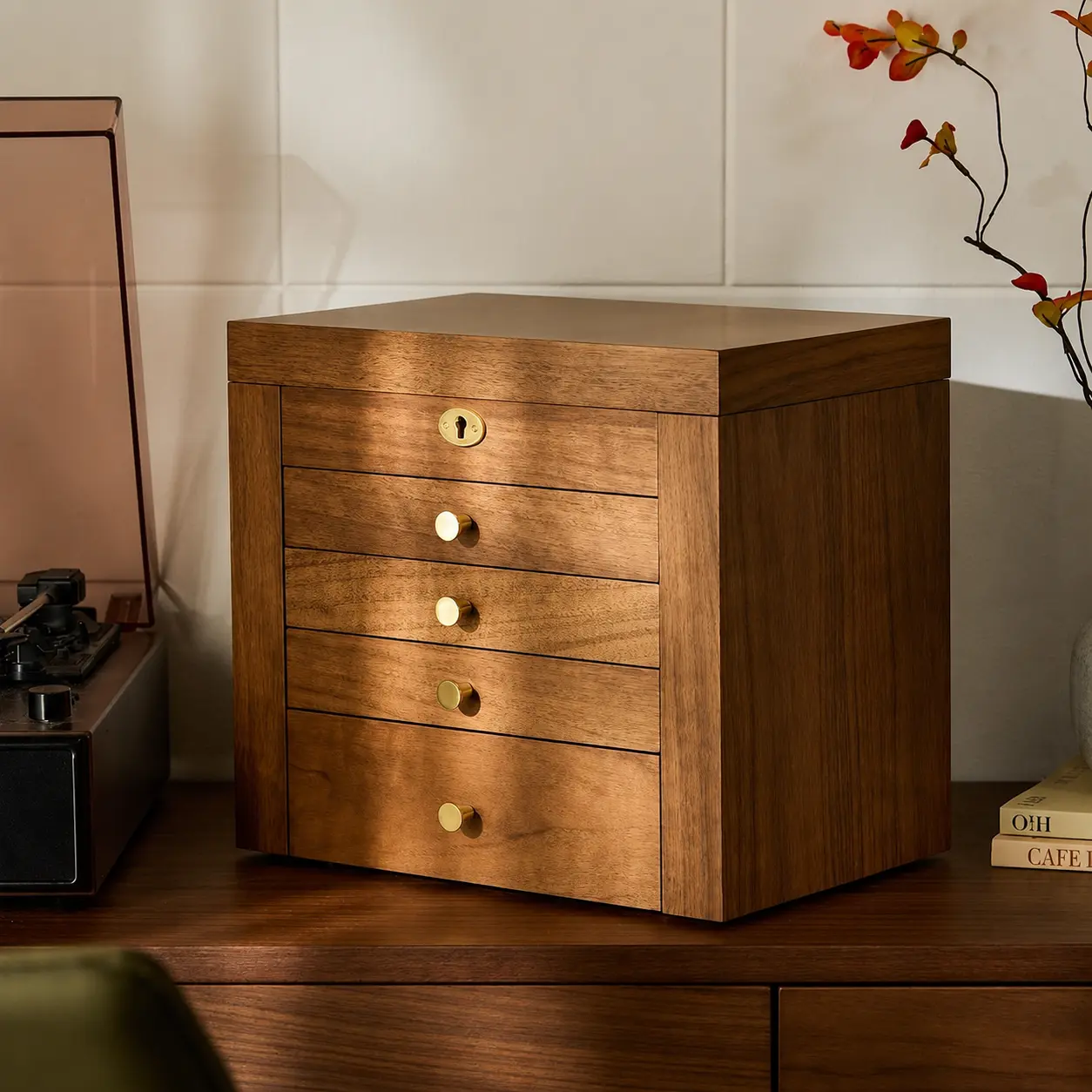 Lockable 5-Layer Walnut Jewelry Box with Key & Mirror – Spacious Organizer for Rings, Necklaces & More