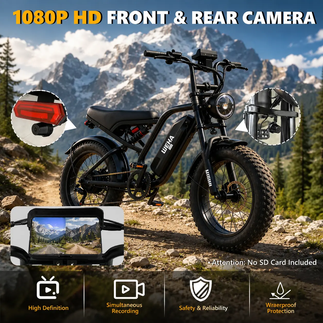 [HiEHA] 1500W Electric Bike for Adults - Smart Fat Tire E-Bike with 34MPH High Speed, Long Range Battery, CarPlay & App Control, Dual Camera System, Full Suspension for Off-Road and Urban Riding