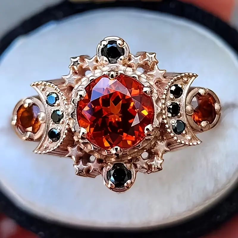 Vintage Bohemian Ring Set for Women with August Birthstone, Halo Star Moon Motif Bands, Durable Synthetic Gemstones, Exquisite Craftsmanship, Anniversary, Elegant Halo Set, Female, Retro, Halo Motif
