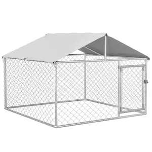 PawHut Large Dog Kennel Outside, Heavy Duty Dog Cage with Waterproof Cover, Outdoor Fence Dog Run with Galvanized Chain Link, Secure Lock, 6.6' x 6.6' x 7.8'