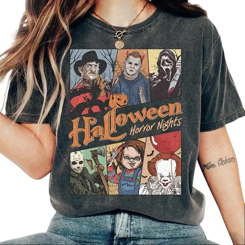 Retro Horror Characters Halloween Shirt, Horror Movie, Halloween Horror Nights 2025, Halloween Friends Group Matching, Trick or Treat Shirt